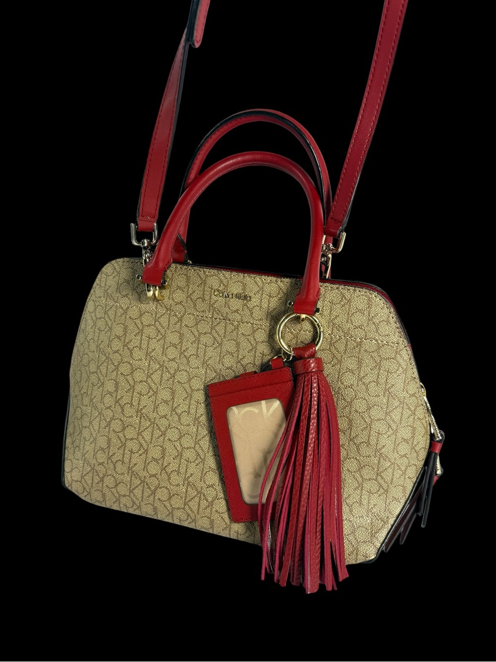 Calvin Klein Beige Monogram Satchel with Red Trim and Tassel